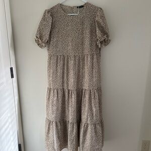 Leopard Print Tiered Midi Dress | Puff Sleeve | Neutral Tan